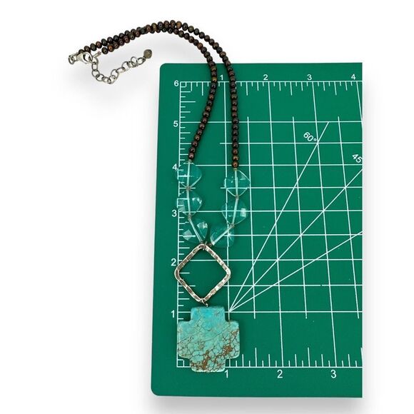 Pearl Cross Faux Turquoise Necklace .925 Sterling Silver - Picture 7 of 7